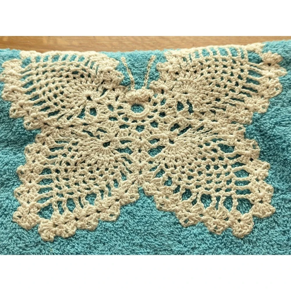Vtg Bath Towel 3pc Set Crochet Trim Edge Butterfly Turquoise Green-Blue w/Ivory
